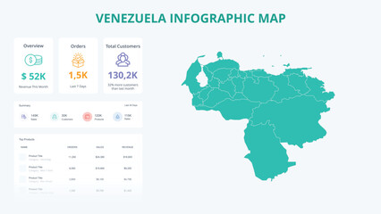  Business Growth Infographic Map of Venezuela. Orders, Customers, Sales Overview & product Infographic Map of Venezuela. Easy to edit