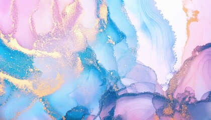 Poster - ethereal watercolor texture with blue, pink, and gold marbling, luxurious abstract background for modern digital art