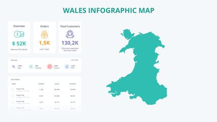  Business Growth Infographic Map of Wales. Orders, Customers, Sales Overview & product Infographic Map of Wales. Easy to edit