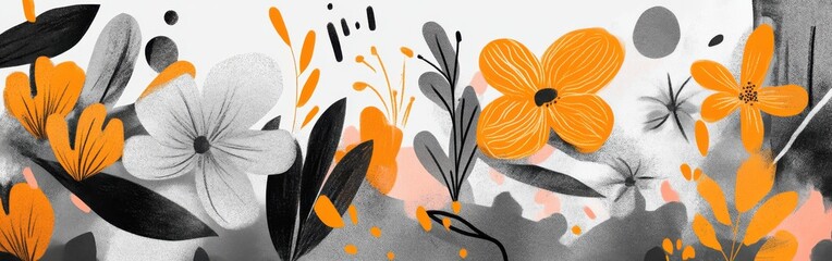 Aufkleber - Minimalist spring illustration with abstract flowers and cheerful typography in bold neon orange highlights