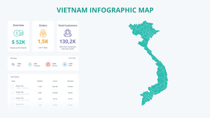  Business Growth Infographic Map of Vietnam. Orders, Customers, Sales Overview & product Infographic Map of Vietnam. Easy to edit