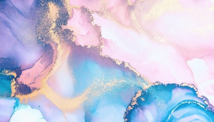 Poster - ethereal watercolor texture with blue, pink, and gold marbling, luxurious abstract background for modern digital art