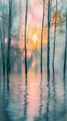 Poster - Ethereal reflections of pink and yellow sunlight filter through tall trees on calm water at sunset