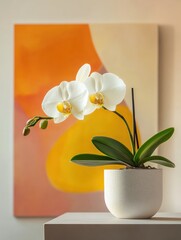 Poster - Blooming orchid in a modern minimalist space with vibrant decor and elegant design elements