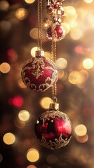 Poster - Bright ruby red and glowing gold bokeh circles create a festive atmosphere of luxury and celebration for the holiday season