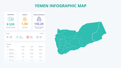  Business Growth Infographic Map of Yemen. Orders, Customers, Sales Overview & product Infographic Map of Yemen. Easy to edit