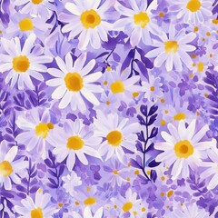 Aufkleber - Vibrant doodle cartoon watercolor pattern of lavender and chamomile flowers in soft purple and yellow tones
