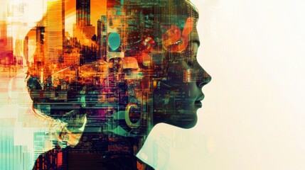 Aufkleber - Vibrant double exposure illustrating AI-driven algorithms and investment tools enhancing innovation in finance