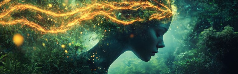 Poster - Surreal woman glowing within radiant jungle canopies and luminous streams embodying untamed beauty and nature's harmony