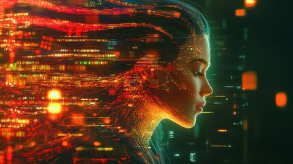 Poster - Surreal profile of a woman with glowing holograms and flowing light hair in a digital landscape of radiant codes