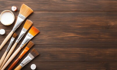 A collection of various paint brushes and materials arranged on a wooden surface. Ideal for artists, craft lovers, and anyone looking to express creativity through painting.