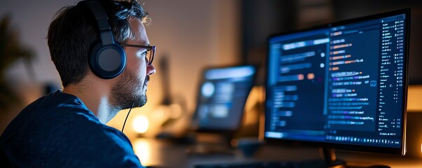 A focused programmer works on coding tasks in a modern workspace, illuminated by the glow of computer screens. Headphones on, immersed in the world of software development.