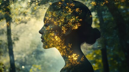 Aufkleber - Woman's silhouette glows harmoniously amidst a lush forest canopy with radiant tree branches extending outward