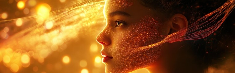 Aufkleber - Serene woman's face merges with glowing data streams and radiant fiber-optic threads on her skin in a tranquil setting