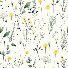 Aufkleber - Radiant watercolor doodle pattern featuring meadow grasses and delicate dandelions creating a breezy and joyful atmosphere