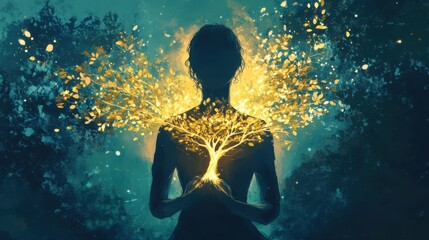 Poster - Meditating woman glowing with a radiant tree of life emerging from her chest in a serene mystical setting