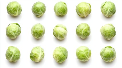 Wall Mural - Fresh Green Brussels Sprouts Arranged on White Background