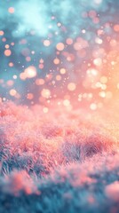 Poster - Dreamy field of aqua-colored grass illuminated by coral and peach light gradient with enchanting bokeh effects during twilight