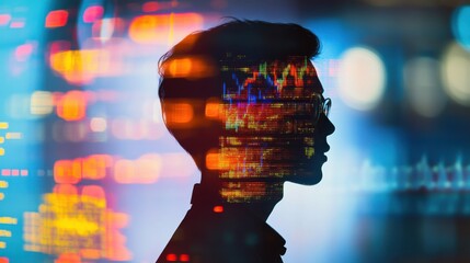 Poster - Confident trader profile blended with financial data and modern trading environment in a dynamic setting
