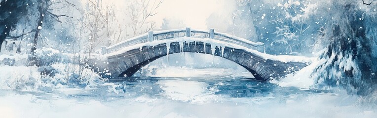 Poster - Watercolor winter landscape featuring a snow-covered bridge and serene river under a soft snowfall