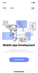 Wall Mural - mobile app development concept with developer coding tools and screens in minimalist thin line style