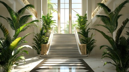 Wall Mural - Luxurious grand staircase in a tropical-style mansion with large plants and sunlight.