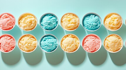 Wall Mural - Colorful ice cream scoops in bowls, pastel background, summer dessert, food photography