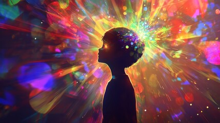 Poster - Vibrant visualization of a child glowing with colorful energy during a moment of wonder and imagination