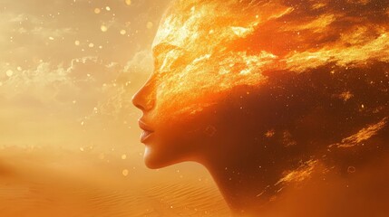 Poster - Surreal depiction of a woman glowing with golden light against a dreamy landscape at dusk