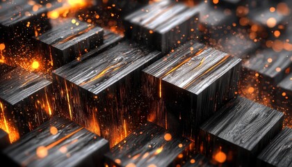 Wall Mural - an intricate abstract wooden block structure illuminated by glowing particles.