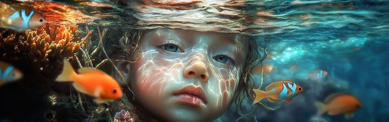 Aufkleber - Surreal underwater portrait of a child's face with vibrant fish and rippling water reflections