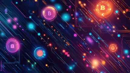Aufkleber - Striking visualization of cryptocurrency symbols blending with vibrant digital elements and abstract lines