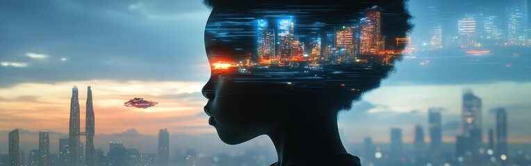 Poster - Silhouette of a child gazing at a futuristic skyline with vibrant city lights during twilight