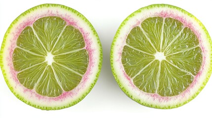 Wall Mural - Two Halves of a Pink and Green Lime Fruit Slices on White Background