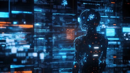 Aufkleber - Innovative robot interacting with futuristic data display in advanced digital environment