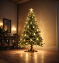 Wall Mural - The majestic shape of a Christmas tree is highlighted by blurred gold lighting in a cozy atmosphere, cozy centerpiece, warm ambiance