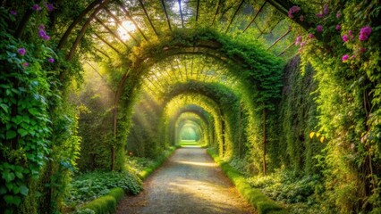 Wall Mural - Sunlit Pathway Through Lush Green Arbors, A Serene Garden Scene with Vibrant Foliage and Blooming Flowers