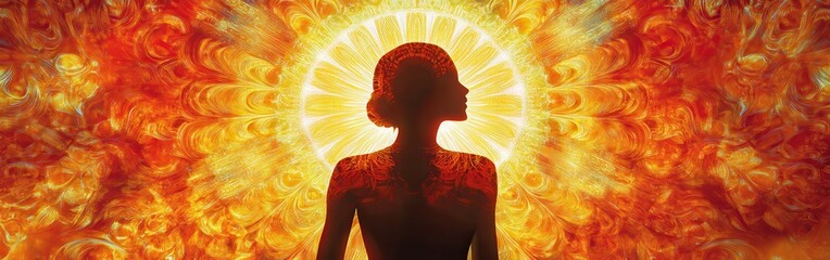 Poster - Mystical woman glowing with vibrant colors amidst a fiery background creating an ethereal atmosphere