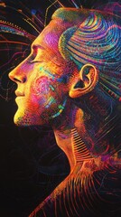 Poster - Mystical profile of a man filled with vibrant colors and intricate patterns, showcasing depth and emotion in an abstract setting