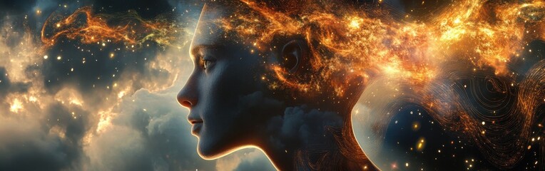 Poster - Mystical profile of a man with cosmic elements illustrating the connection between mind and universe at twilight