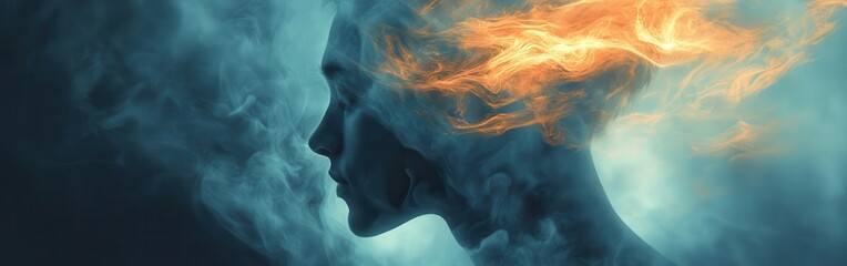 Aufkleber - Mystical profile of a man filled with vibrant flames and ethereal smoke in a dark setting