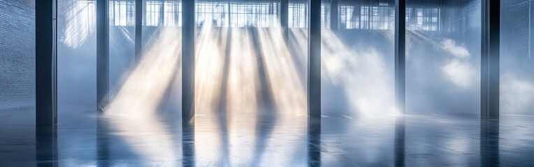 Poster - Moody interior with navy and silver tones illuminated by beams of light at dusk