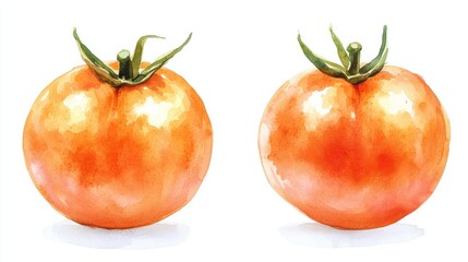 Wall Mural - Two Ripe Orange Tomatoes Watercolor Painting Still Life