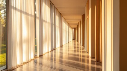 Aufkleber - Sunlight filters through tall vertical windows in a serene hallway, creating a tranquil atmosphere