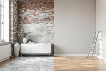 Wall Mural - Half-renovated room with rustic brick wall and modern minimalistic decor on one side, plain wall with ladder on the other. Contrast of old and new. Ai generative