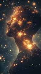 Poster - Conceptual visualization of a man's profile illuminated by cosmic elements and star-like structures in a dark environment