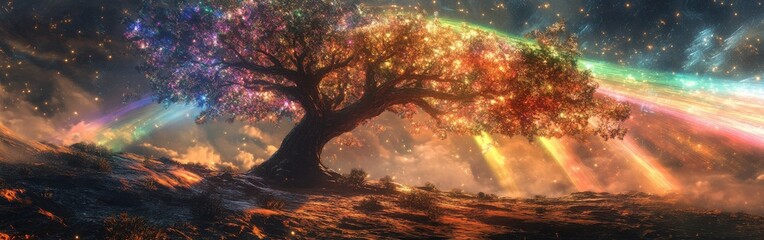 Poster - Glowing tree surrounded by colorful light rays in a mystical landscape at dusk