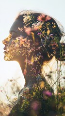Poster - Woman glowing with nature's beauty in a vibrant floral landscape during sunset