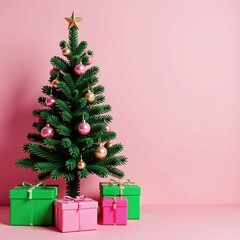 Wall Mural - Decorated Christmas tree with pink and green presents, presents, aluminum, tree