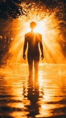 Aufkleber - Man glowing in sunlight while standing in a serene river at dusk, embodying tranquility and connection with nature